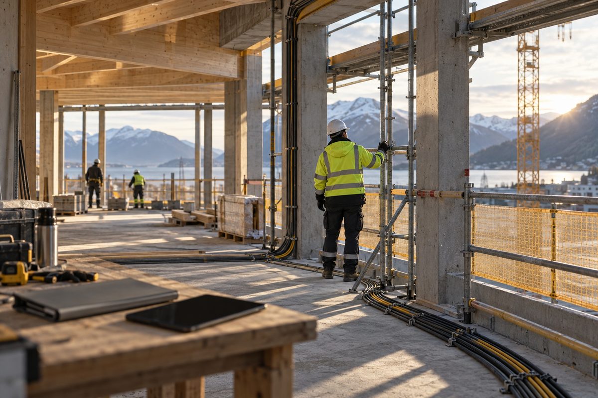 En HMS-rådgiver i synlighetsjakke inspiserer stillassikring på en byggeplass, med arbeidere i bakgrunnen og en lukket mappe på benken.