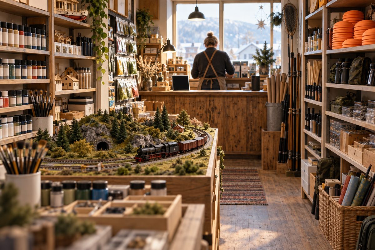 Butikken viser et modelljernbaneanlegg ved disken, med pensler, maling, hyller fulle av hobbyvarer og oransje leirduer.