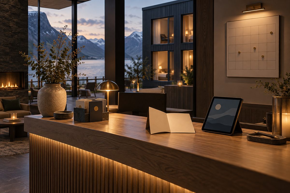Resepsjonsdisk med nettbrett og blanke kort foran opplyste hotellrom og en fjord i skumringen.