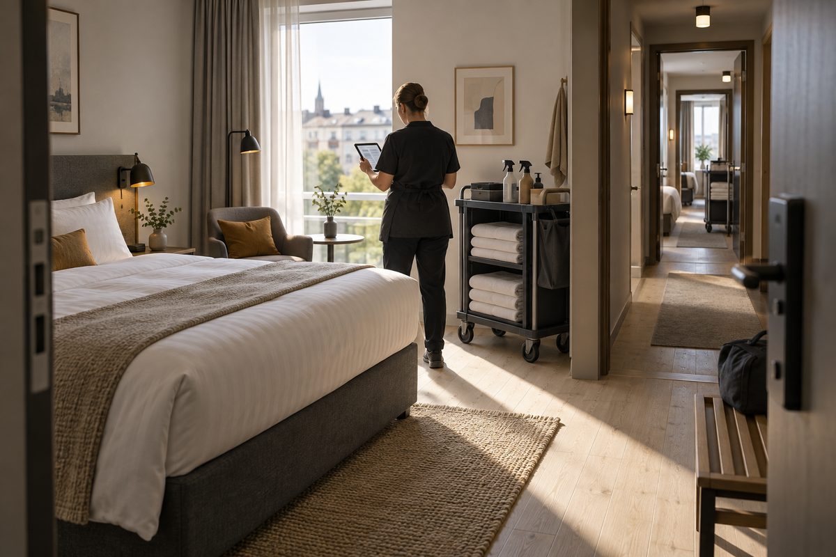 Renholder med nettbrett står ved en oppredd seng og en vogn med håndklær, mens hotellrommene fortsetter ned gangen.