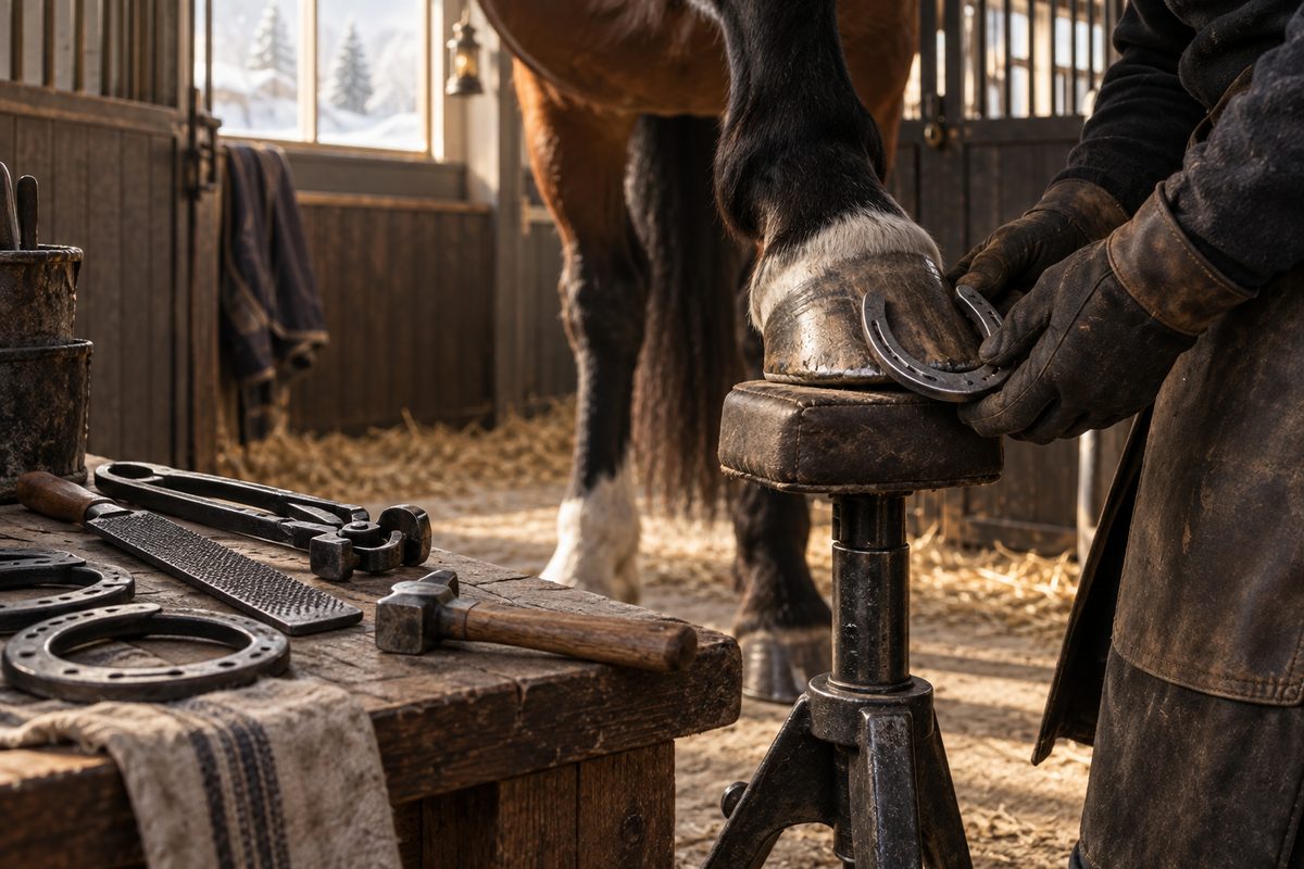 Hovslageren prøver en metallhestesko mot hoven ved arbeidsstativet, med rasp, hammer og flere beslag på benken.