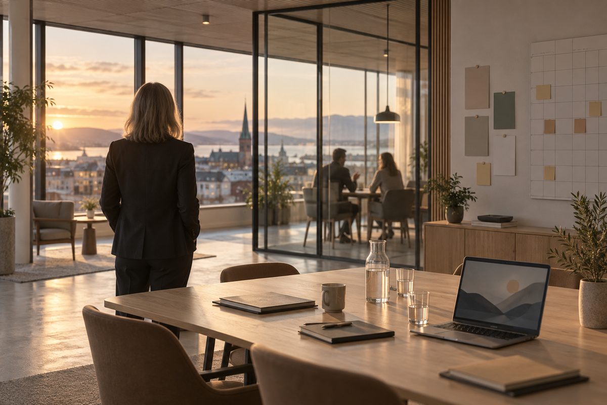 HR-leder betrakter kolleger i møte bak glassveggen, med planleggingstavle, mapper og laptop i et solfylt kontor.