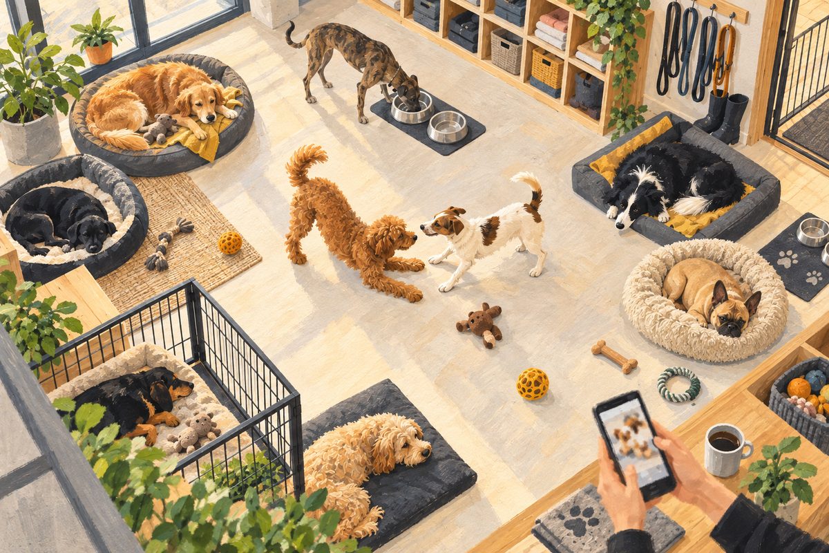 Flere hunder hviler og leker på ulike underlag i et lyst hundedagis, mens en ansatt tar bilde med telefon.
