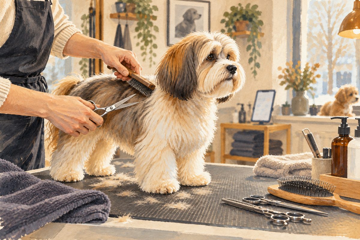 En hundefrisør børster en liten hund på stellebordet, med saks, kam og håndklær innen rekkevidde.