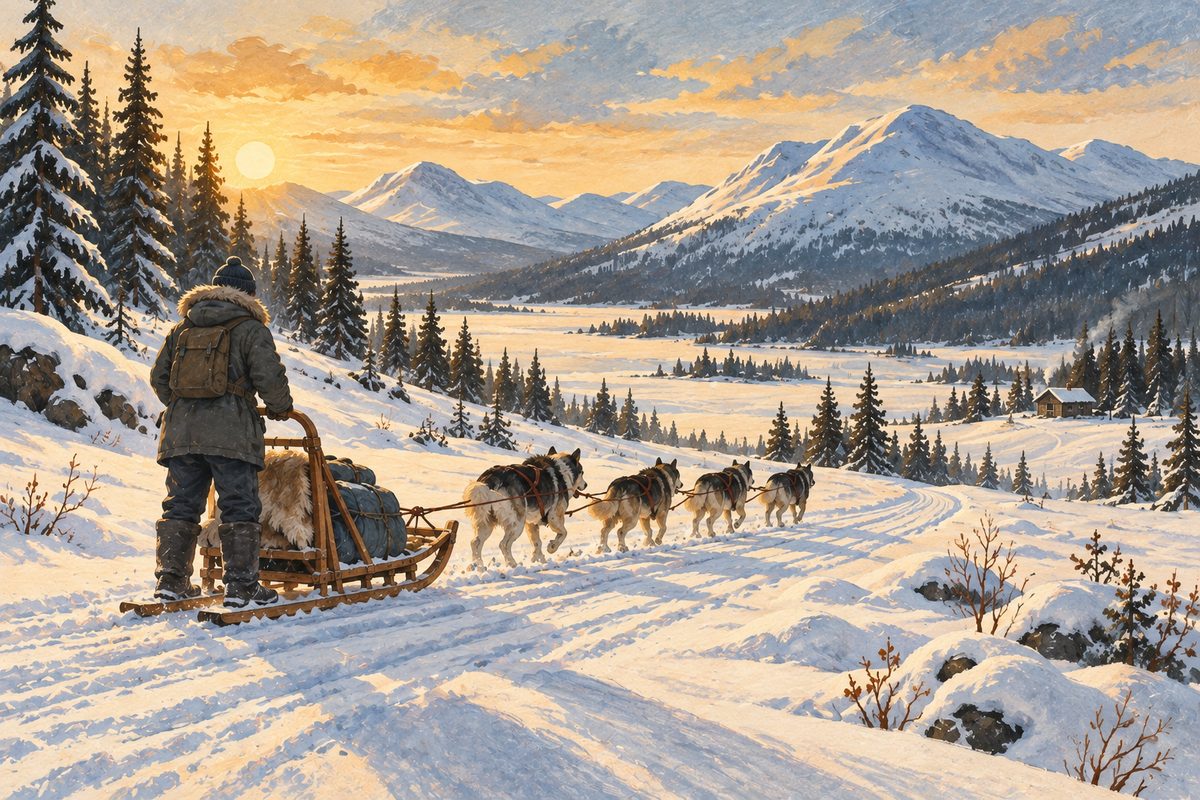Et spann huskyer trekker en slede gjennom snøen mot fjell, mens føreren står bak på meiene i kveldssol.