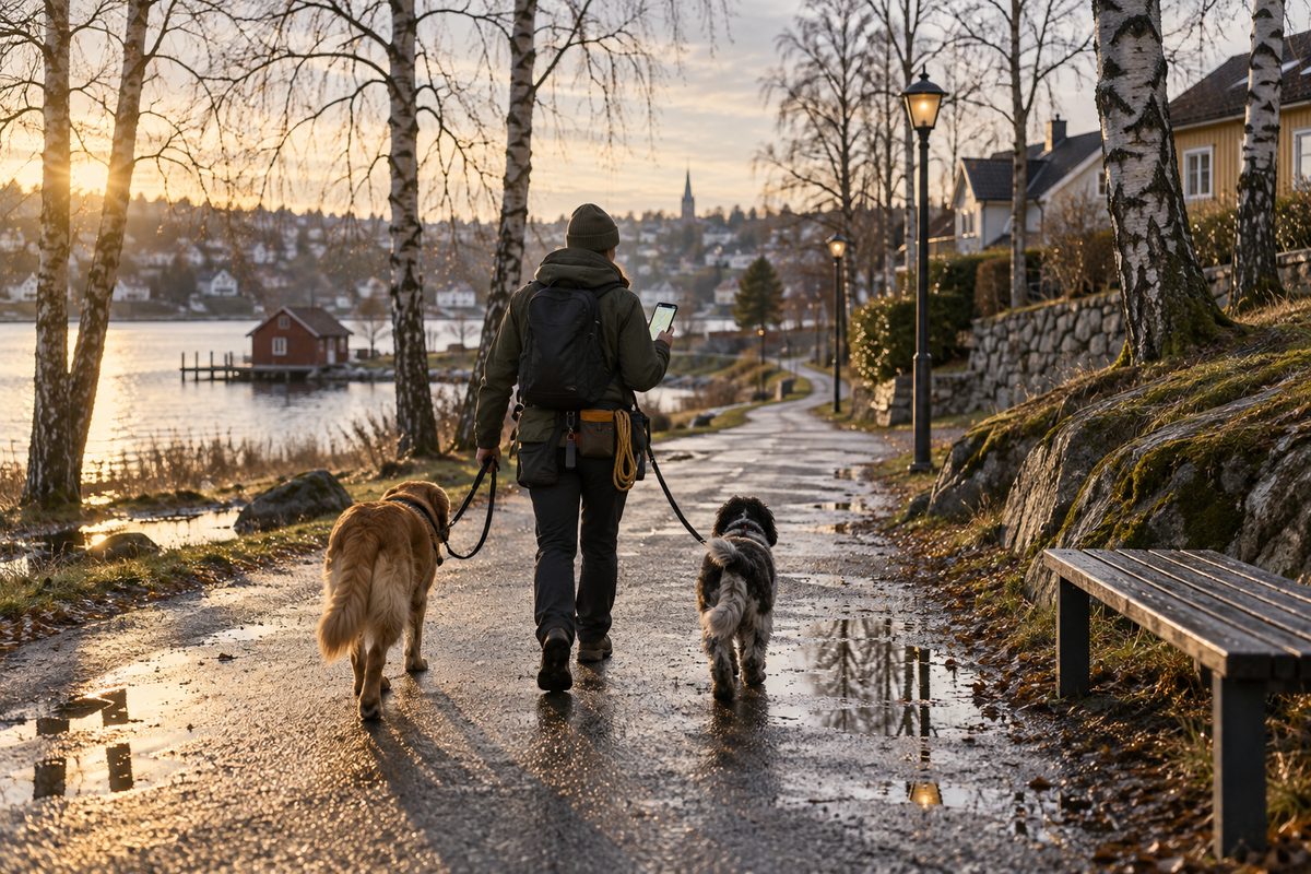 En hundelufter går med to hunder langs en norsk parksti mens en mobil viser et enkelt, uleselig rutekart.