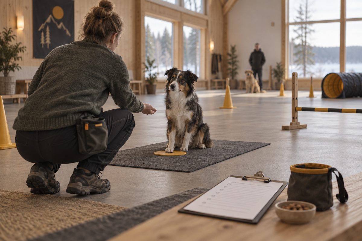 En trener veileder en hund på en matte i en lys treningshall, med kjegler, et lavt hinder og en blank treningsplan.