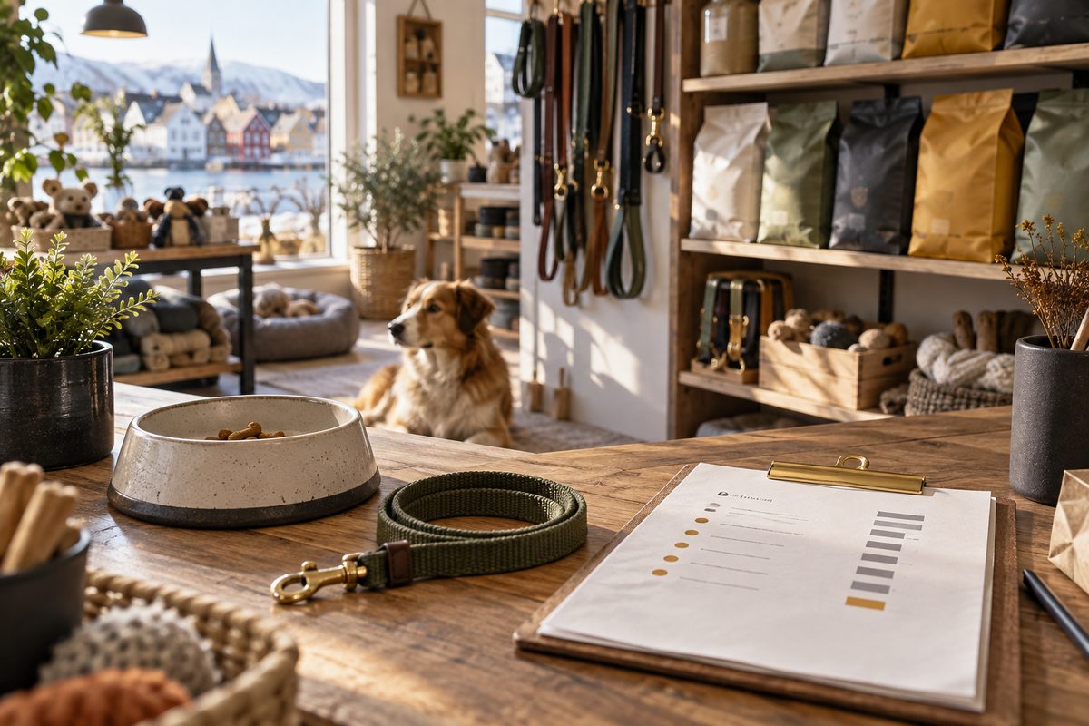 En hund sitter i en nordisk hundeutstyrbutikk bak et trebord med matskål, grønt bånd og lagerark i varmt vinduslys.