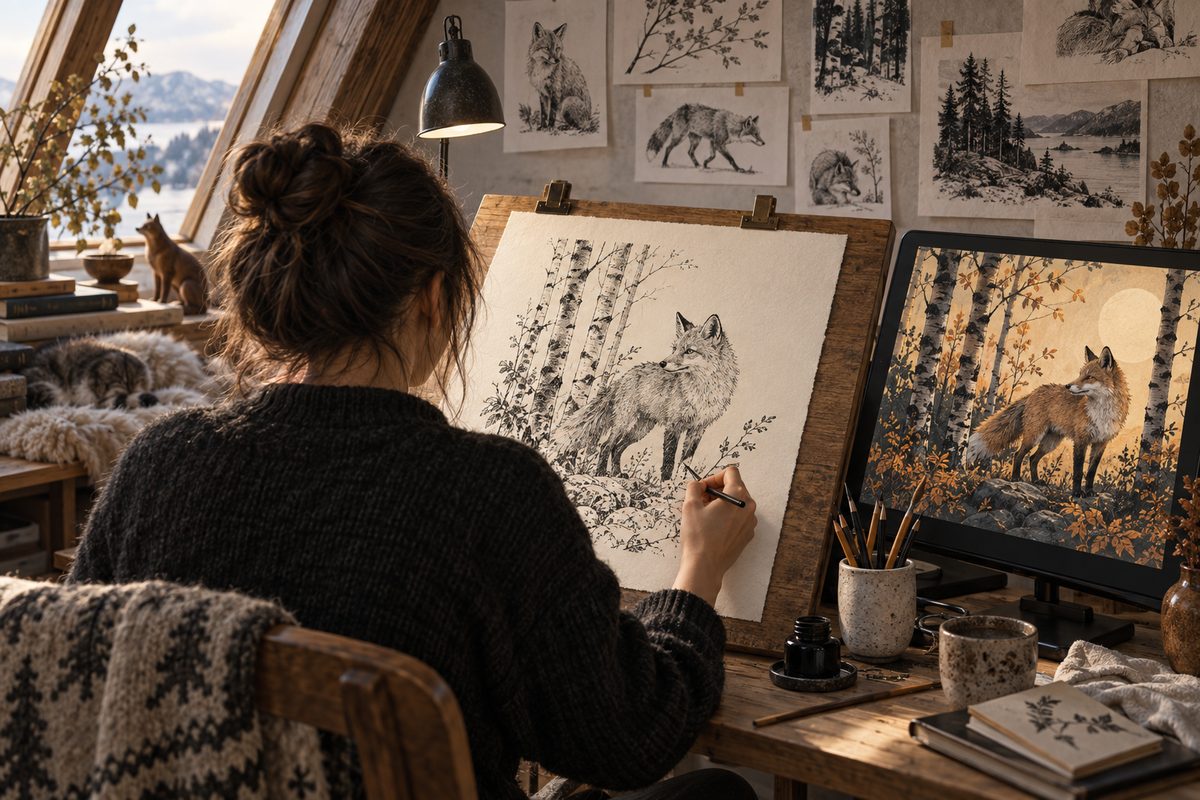 En illustratør sett bakfra tegner en rev blant bjørketrær, med motivvarianter på veggen og en fargelagt versjon på skjermen.