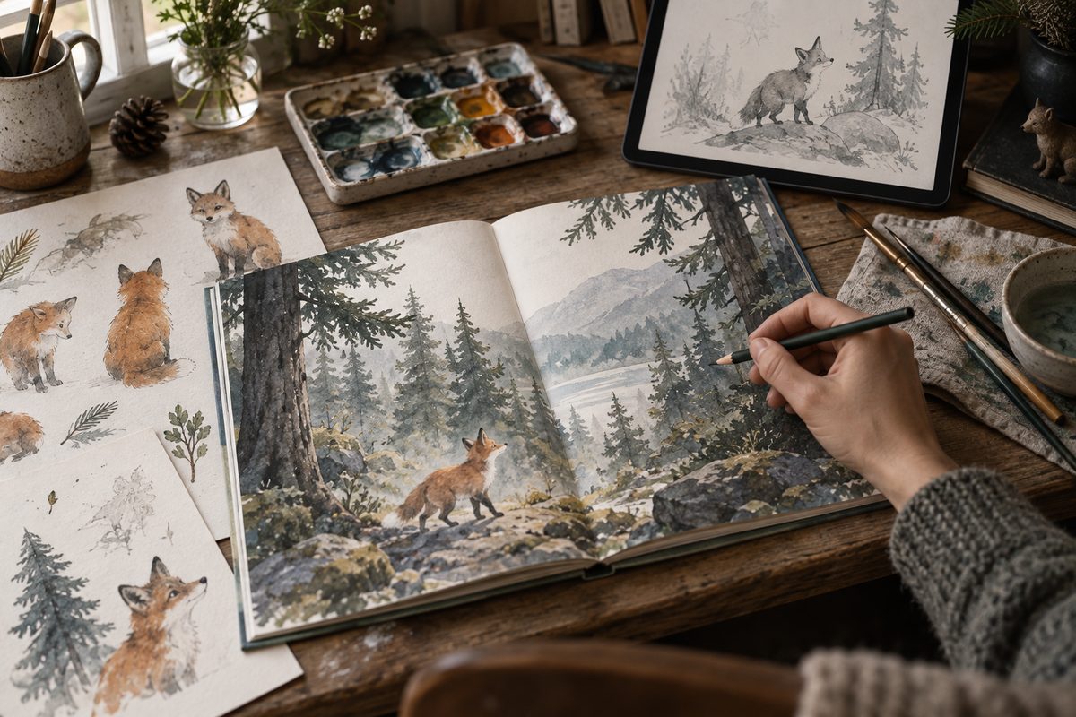 En hånd tegner i en barnebok med rev og skog, omgitt av akvarellmaling, skisser og et tegnebrett på et trebord.