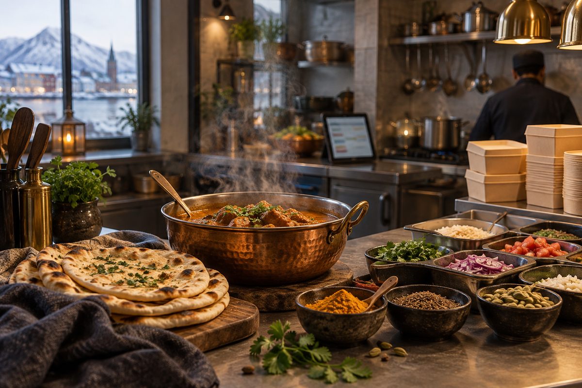 En gryte med curry og naan står på kjøkkenbenken med krydder, råvarer og takeawaybokser i et norsk restaurantkjøkken.