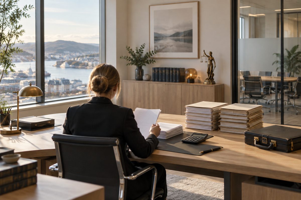 En advokat sett bakfra gjennomgår dokumenter ved skrivebordet, med saksbunker og kalkulator i et lyst kontor.