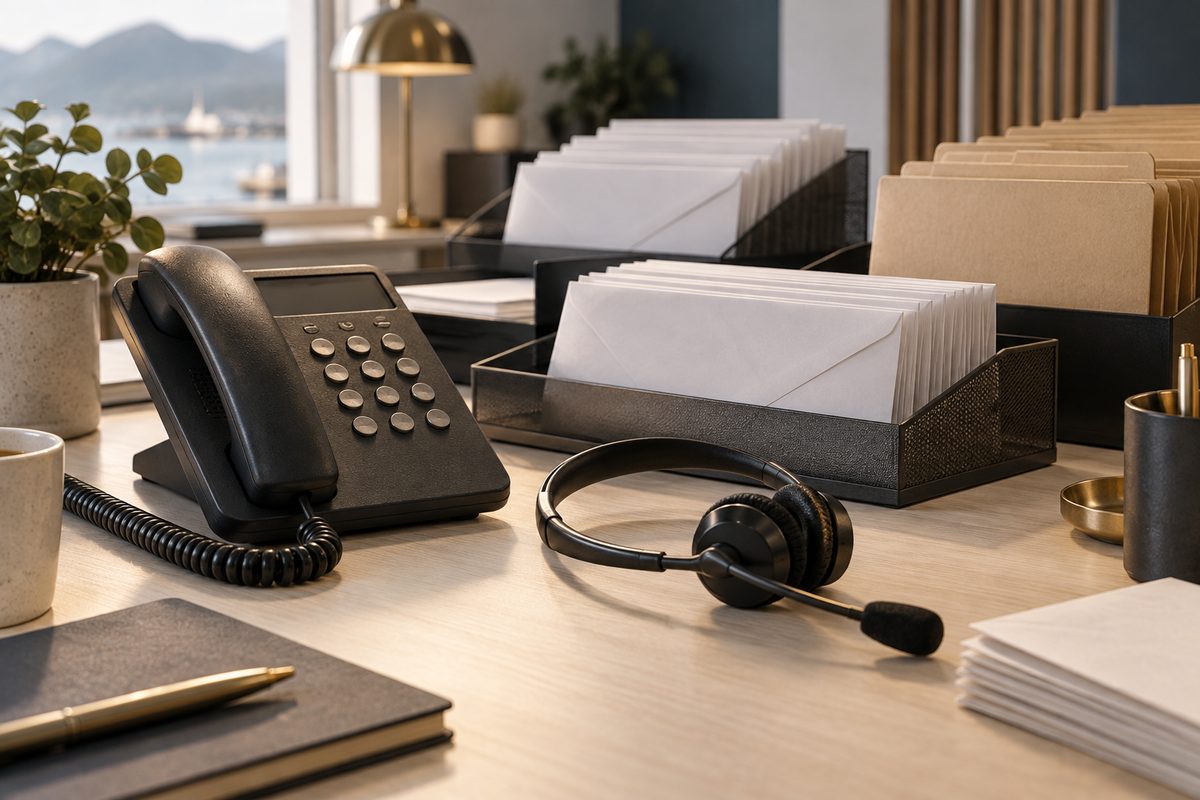 En svart kontortelefon og et headset står foran sorteringsbrett med hvite, umerkede konvolutter i et lyst kontor.