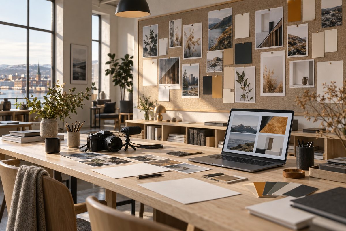 Et kreativt arbeidsrom med kamera, mikrofon, bildekort på en oppslagstavle og en bærbar skjerm med abstrakte motiver.