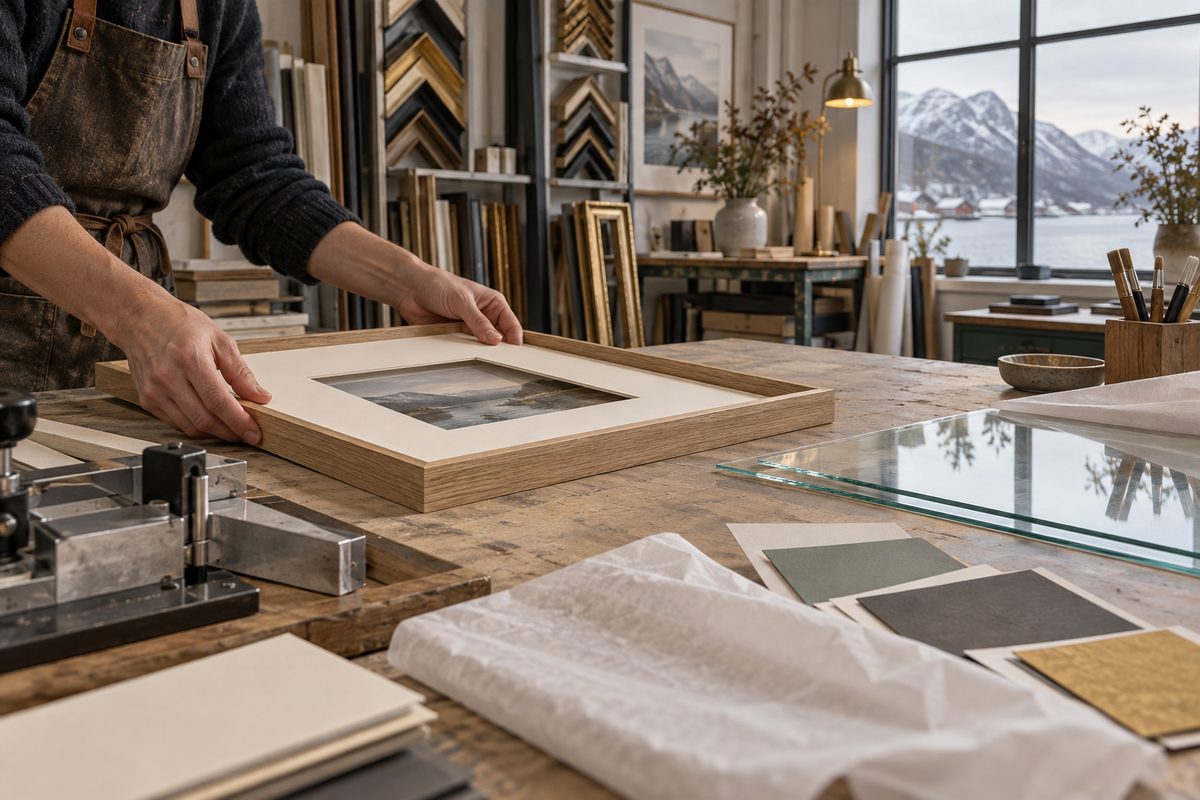 Hender tilpasser en lys passepartout i en treramme på arbeidsbenken, mens glass og fargeprøver ligger klare i verkstedet.