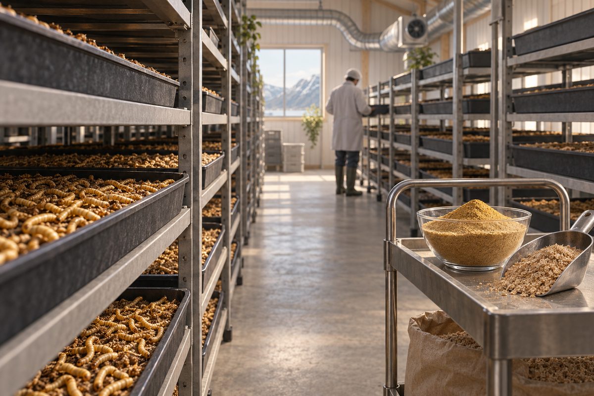 Rekker med grunne insektkasser fylt med larver står i et lyst produksjonsrom, med en skål proteinmel på en tralle foran.