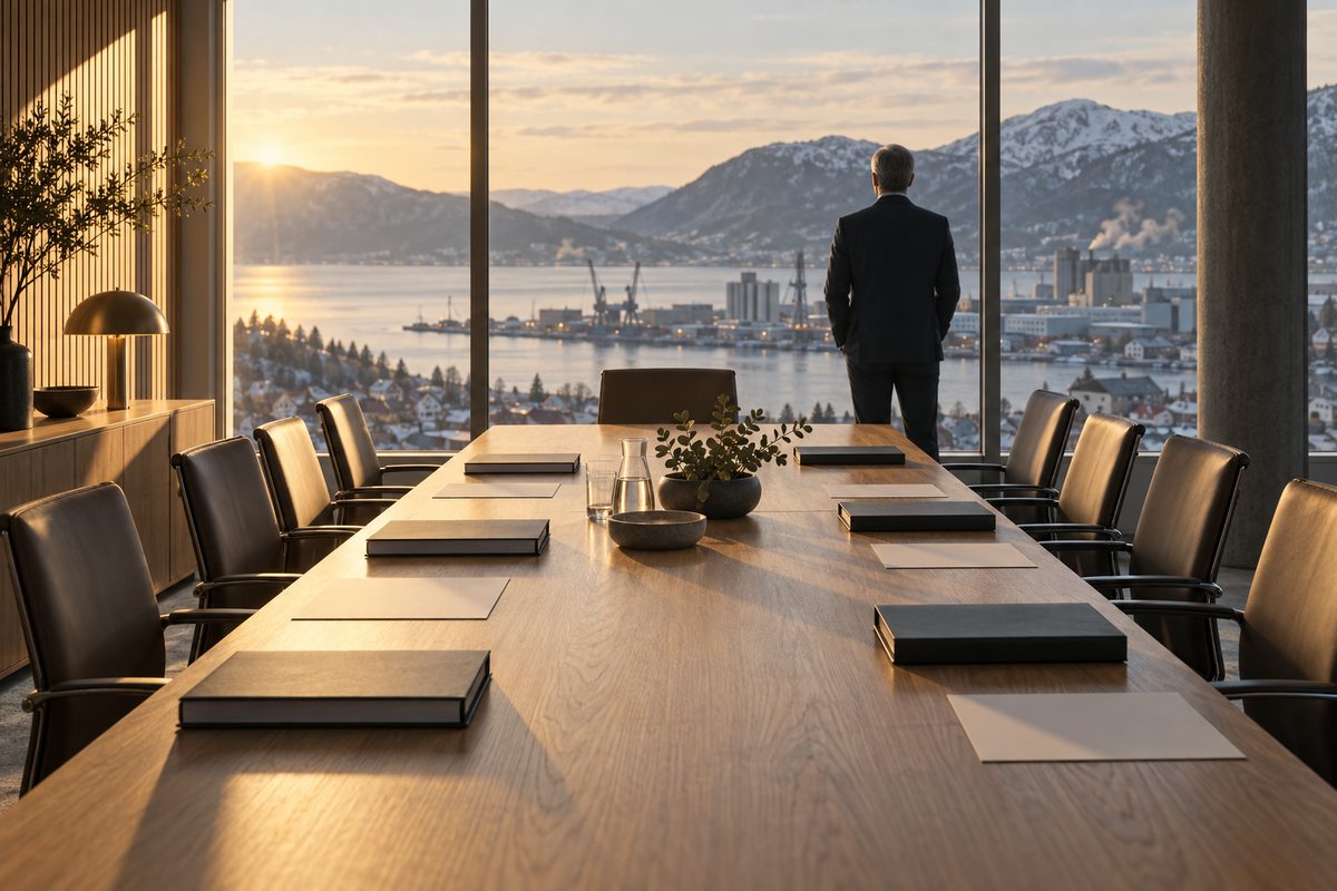 En leder står med ryggen til i et styrerom med tomme stoler og mapper på bordet, mens morgensolen lyser over en norsk havneby.
