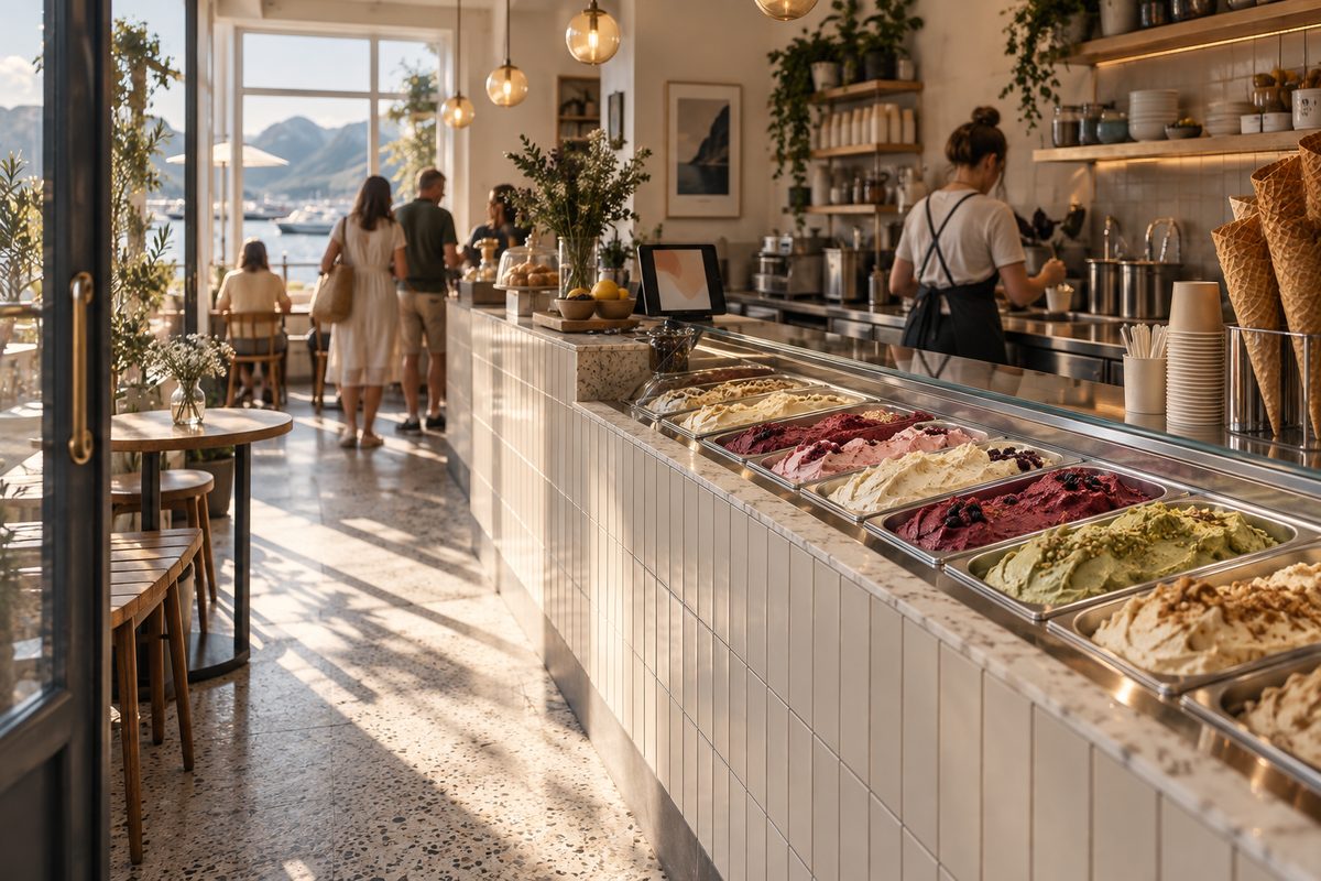 En liten gelateria har iskar med håndlaget iskrem, vaffelkjeks og dagslys som faller over en lys flislagt disk.