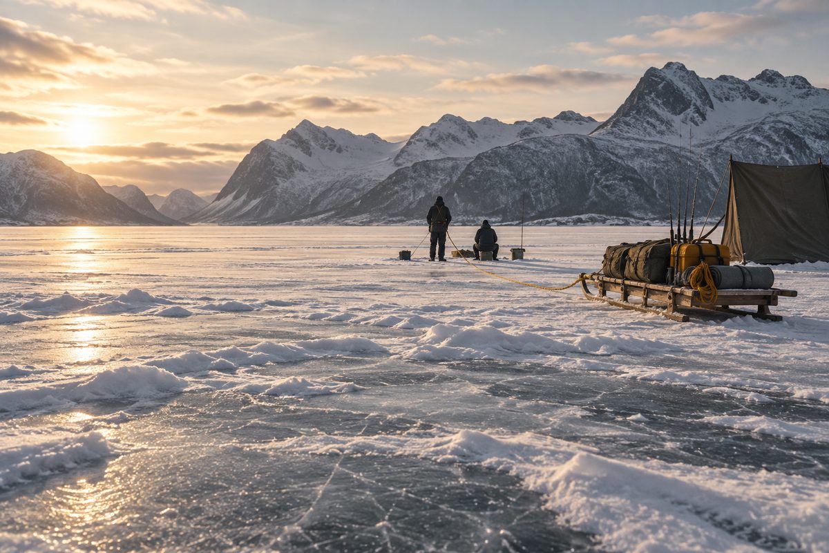 På en nordnorsk innsjø går to små skikkelser mot et isfiskehull mellom slede, stenger og sikkerhetsutstyr.