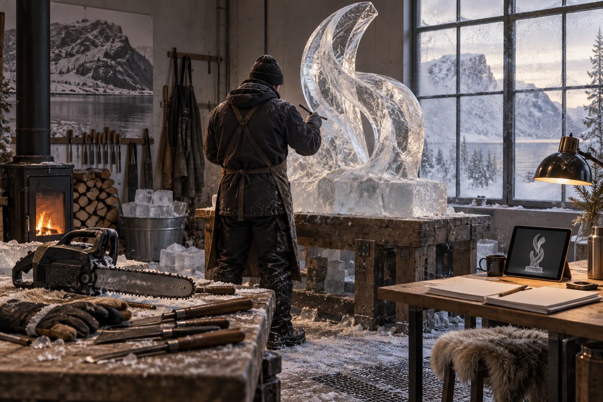 En isskulptør former en buet isskulptur i et vinterverksted med motorsag, meisler og et nettbrett på arbeidsbordene.