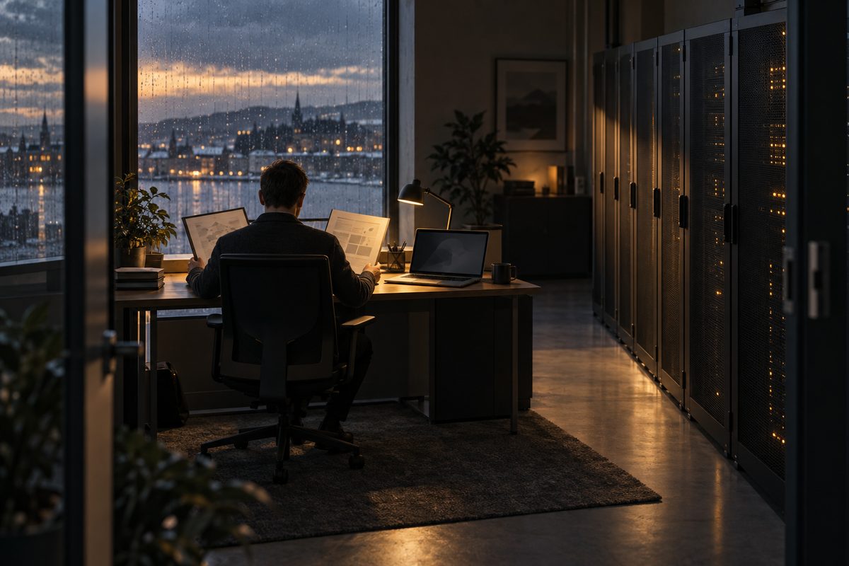 En rådgiver gransker dokumenter ved et skrivebord mellom serverrack og et regnvått vindu mot byen.