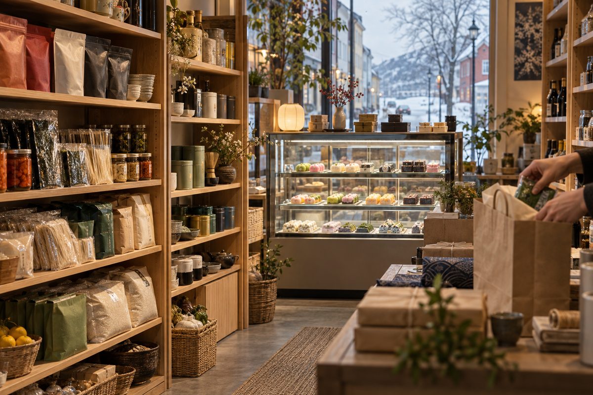 Hyller med ris, te og glasskrukker leder mot et montre med wagashi mens en hånd pakker en papirpose.