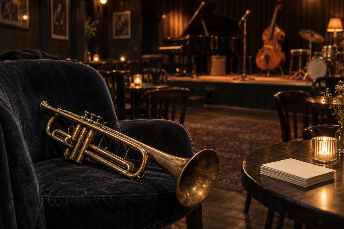 En slitt trompet hviler på en mørk fløyelsstol foran en tom jazzscene med kontrabass, piano og tente bordlys.