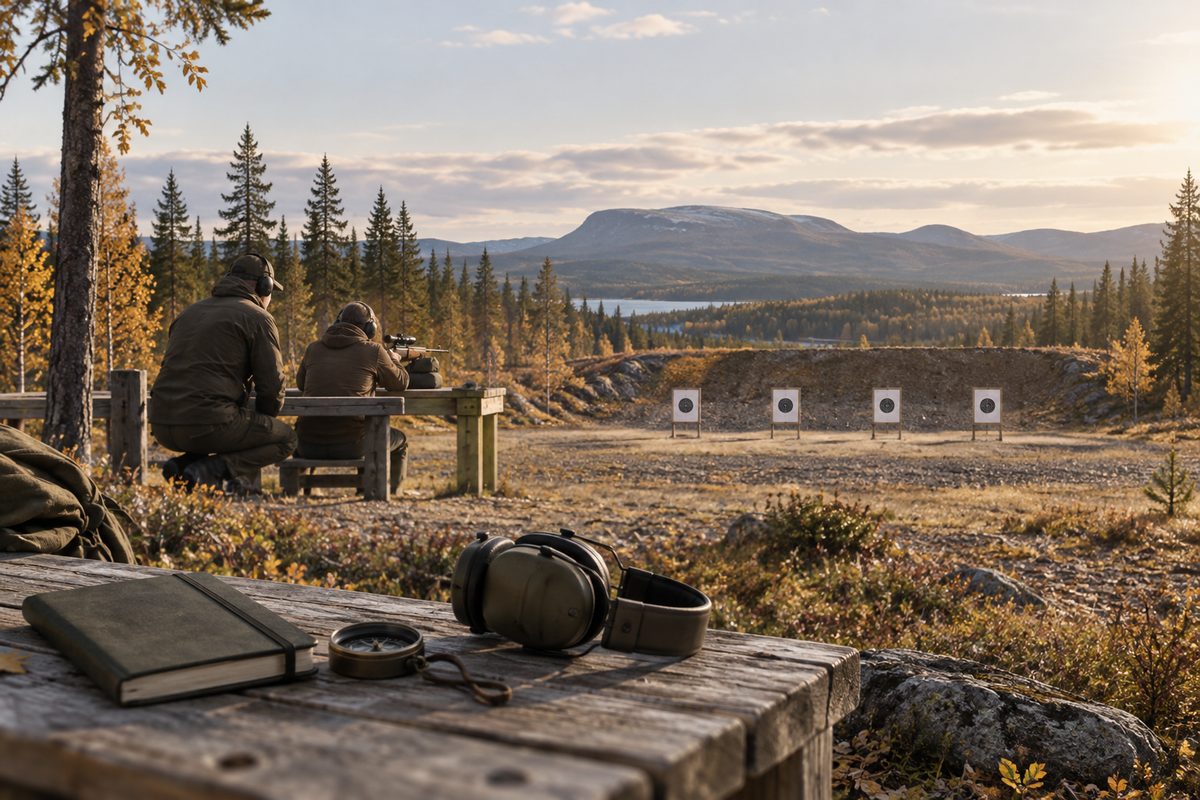 To deltakere trener ved en skytebenk mot mål i høstlig skog, mens hørselvern, kompass og notatbok ligger foran.