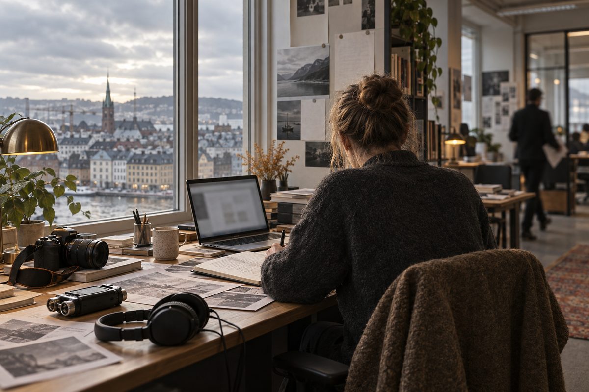 En journalist arbeider ved vinduet med kamera, lydopptaker, hodetelefoner og papirbilder i et åpent redaksjonslokale.