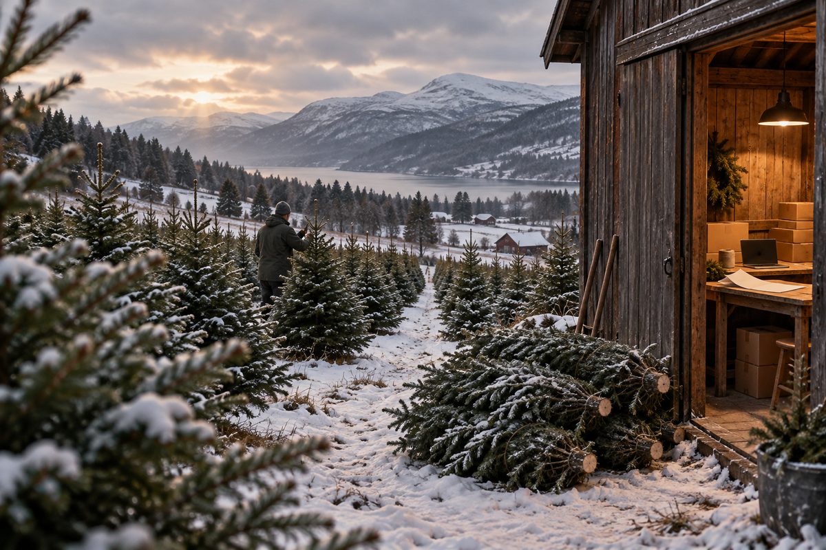 En juletrebonde steller grantrær i snøen ved et uthus med pakkebord og pappesker, med fjell i bakgrunnen.