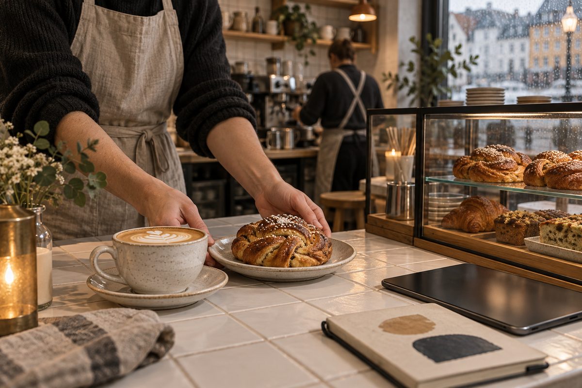 En kopp med latte og et kardemommebakverk serveres på en kafédisk foran et glasskap med fersk bakst.