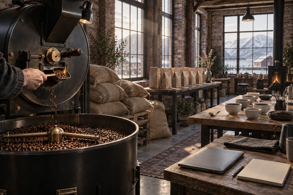 En kaffebrenner henter prøver fra en trommelbrenner ved siden av sekker med bønner og kopper til smaking.