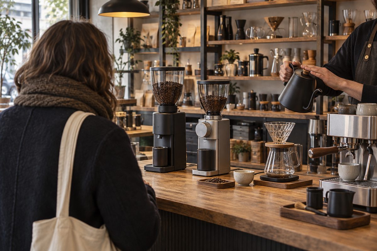 En kunde sett bakfra undersøker to kaffekverner mens en butikkansatt viser fram en vannkoker over disken i en utstyrsbutikk.