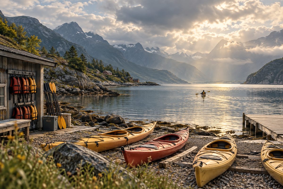 Kajakker, årer og redningsvester står klare ved en fjordbrygge mens en enslig padler glir over vannet mellom norske fjell.