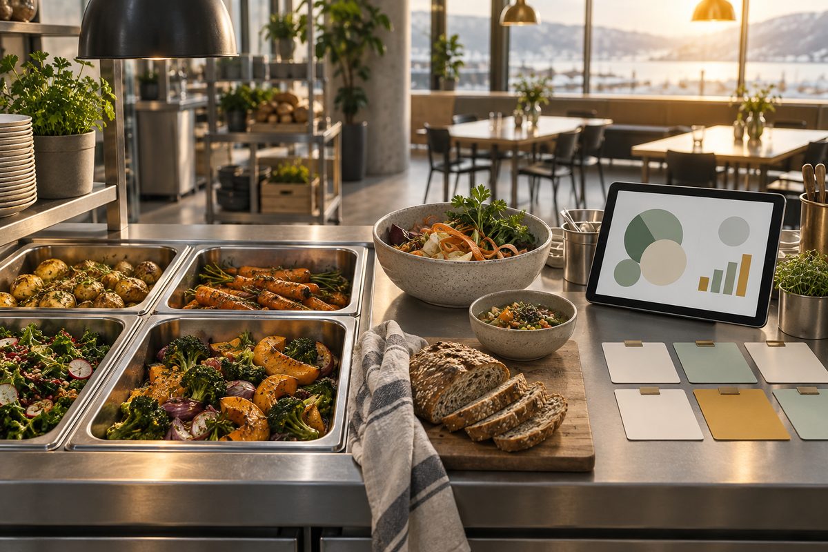 Et ryddig kantinebord med grønnsaksretter, brød, blanke planleggingskort og et nettbrett i varmt kveldslys.