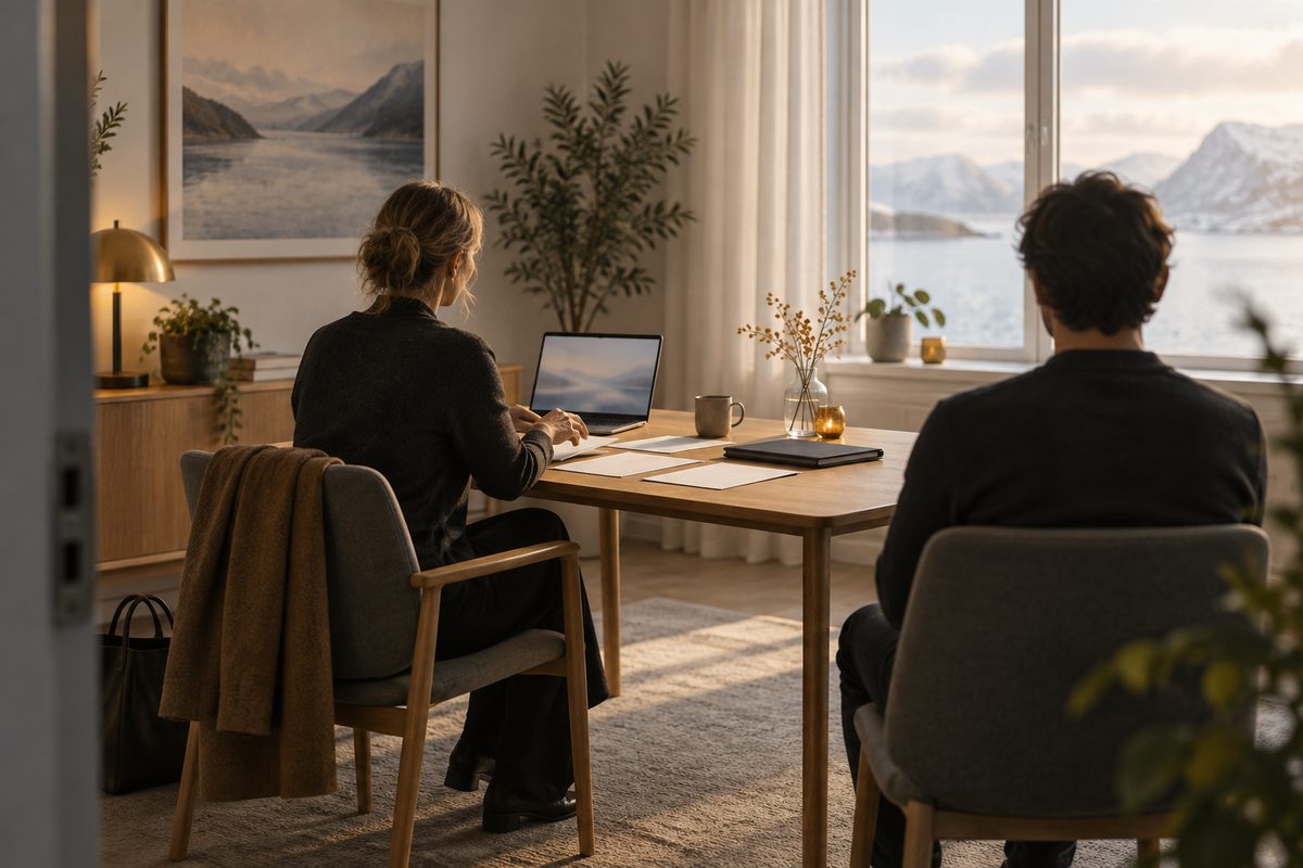 To personer sitter ved et bord med blanke papirer i et lyst veiledningsrom med utsikt mot fjell og fjord.