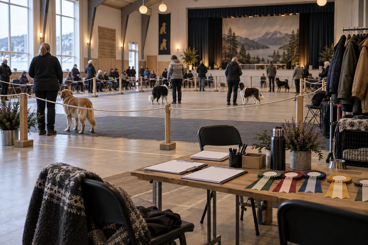 En hundeutstilling fyller en samfunnshall med hunder og frivillige, mens blanke skjemaer og fargerike bånd ligger på et bord.