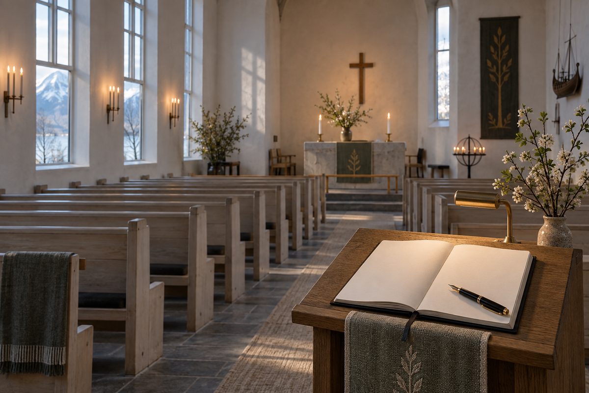 Et åpent skrivehefte ligger på lesepulten i en norsk trekirke med benker, tente lys og et lite kors ved alteret.