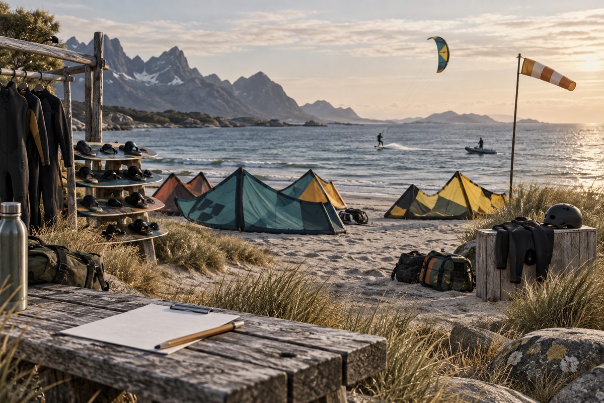 Kitesurfbrett og våtdrakter ligger på en norsk strand mens en liten kite skimtes ute på vannet.
