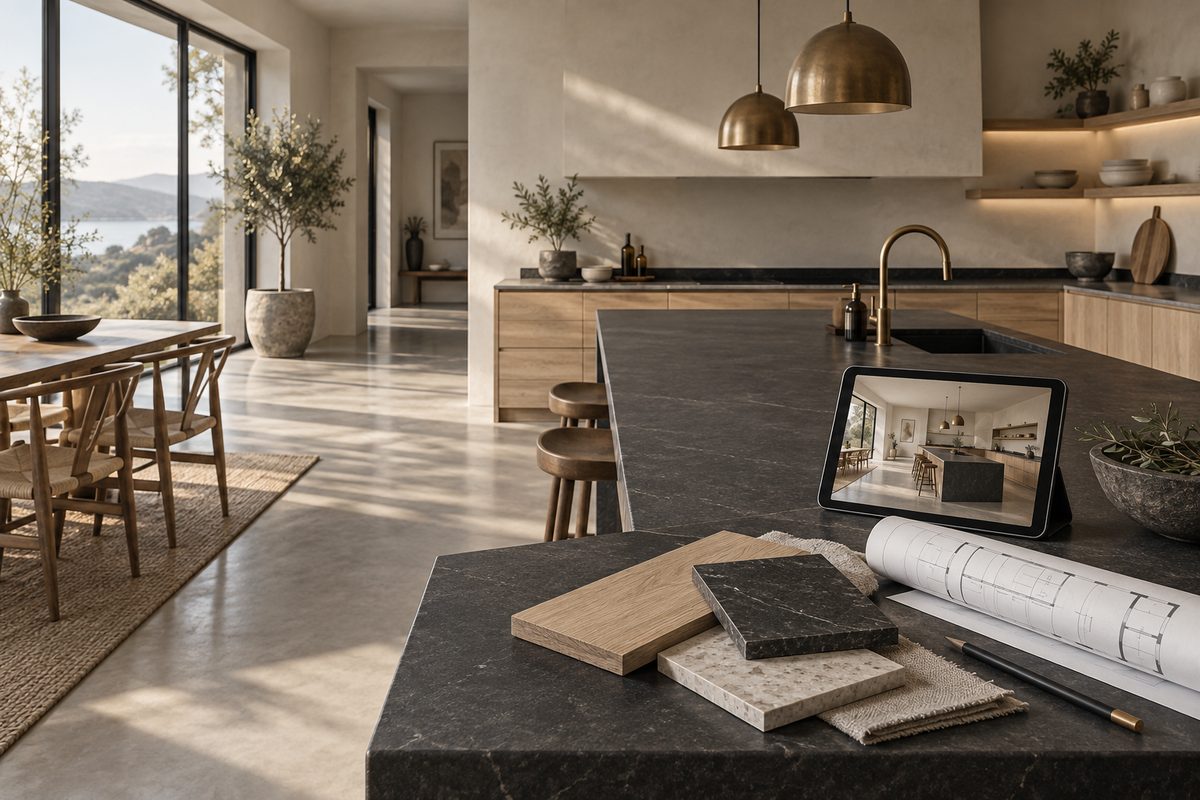 Et lyst kjøkken med eikefronter og mørk kjøkkenøy, med materialprøver, plantegning og en digital romvisning på benken.