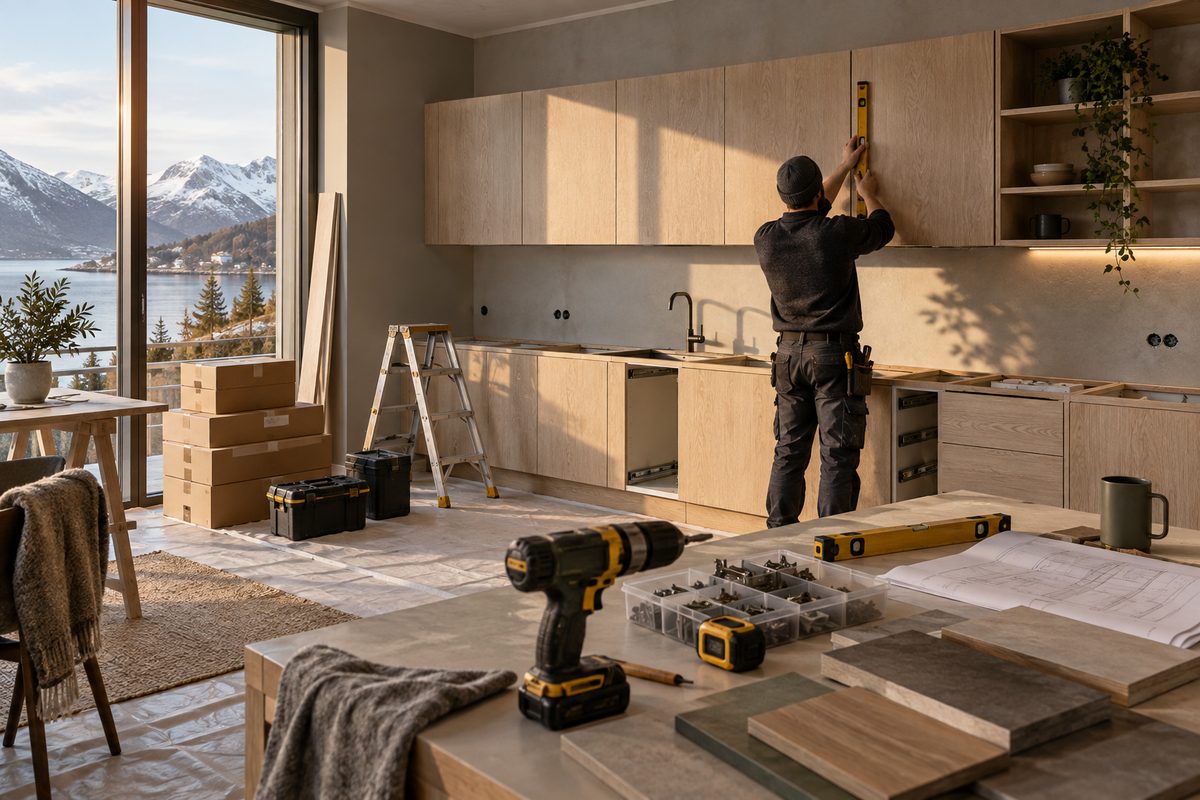En montør justerer et kjøkkenskap i et lyst rom med verktøy, materialprøver og arbeidsplaner i forgrunnen.
