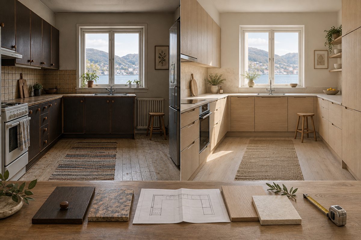 Et eldre kjøkken glir over i et lyst, oppgradert rom, med materialprøver og målebånd i forgrunnen.