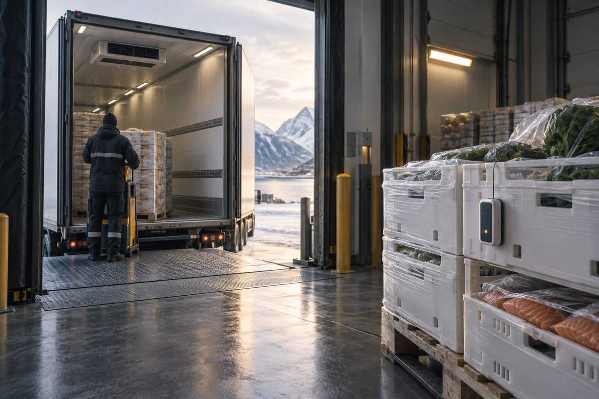 En kjøletrailer står åpen ved en norsk lastebrygge, mens en sensor overvåker paller med ferskvarer foran fjellandskapet.