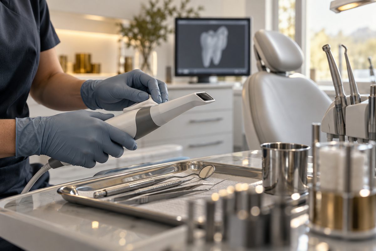 Tannlegehender med blå hansker holder en intraoral skanner over et brett med instrumenter i et lyst behandlingsrom.