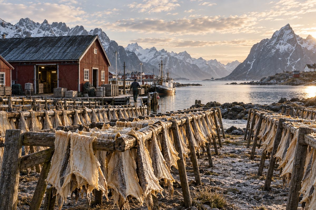 Saltet og tørket klippfisk henger på stativer ved et rødt sjøhus, med liten kai, båt og fjell langs fjorden.