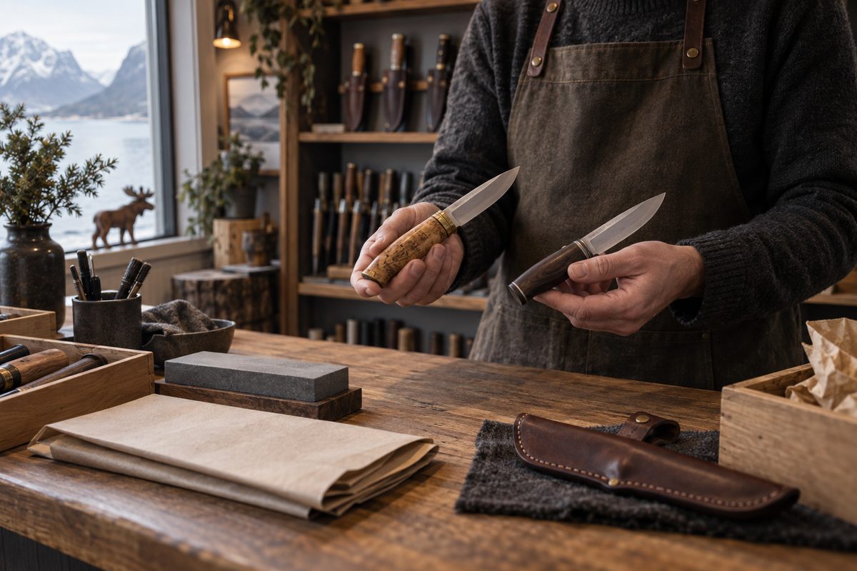 Hender holder to håndlagde kniver over en arbeidsbenk, med slipestein, skinnslire og flere kniver i hyller bak.