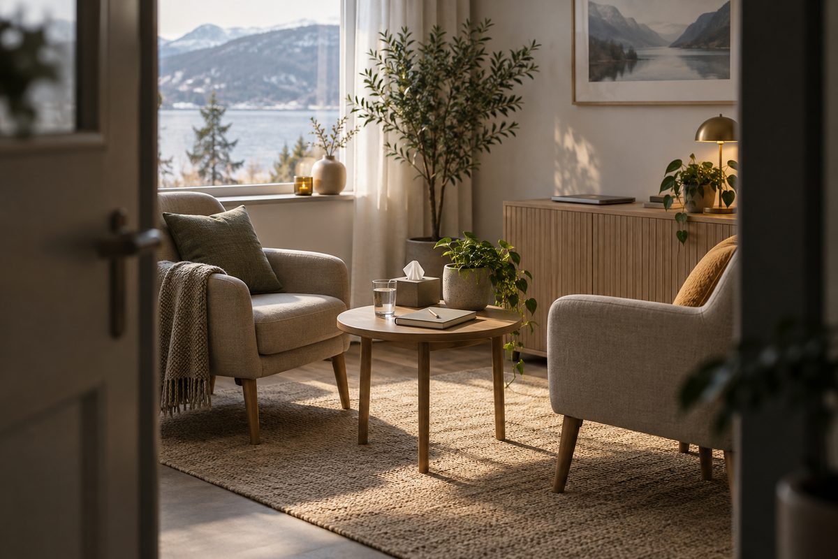 To lenestoler står ved et rundt bord med notatbok og vann i et lyst samtalerom med utsikt mot norsk fjordlandskap.