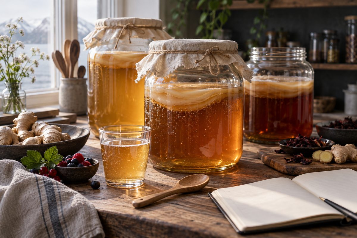 Glasskrukker med gyllen kombucha og fermenteringskulturer står ved smaksprøve, bær, ingefær og en åpen notatbok.