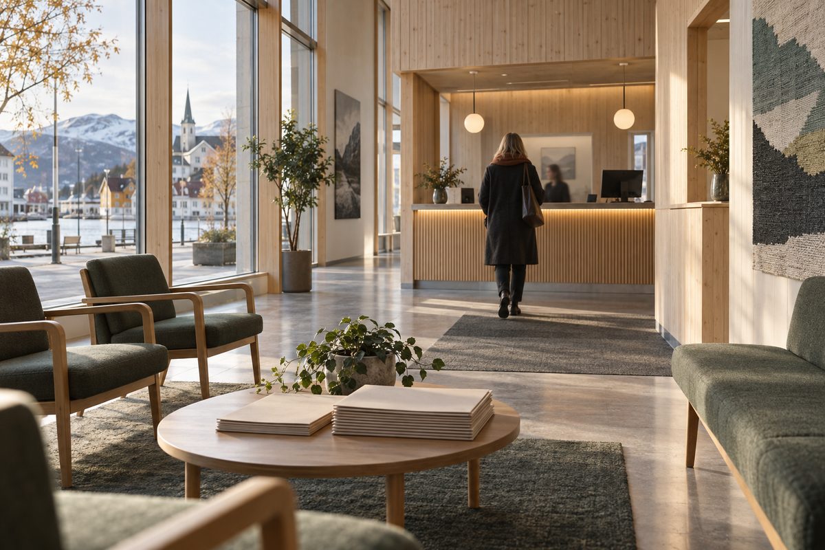 En besøkende går mot skranken i en lys kommunal foajé med venteplasser, dokumentmapper og utsikt mot en norsk fjordby.