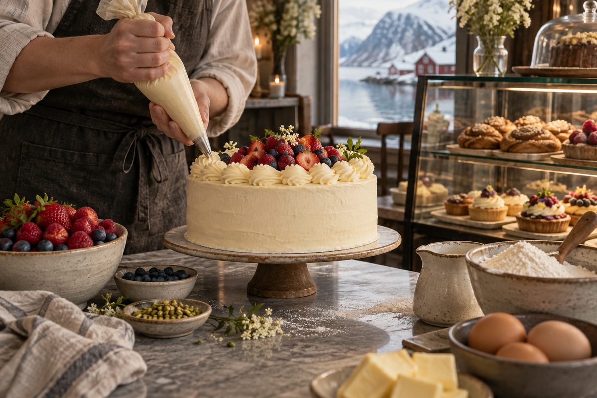 En konditor pynter en kremkake med bær mens skåler med mel og ingredienser står klare på benken.